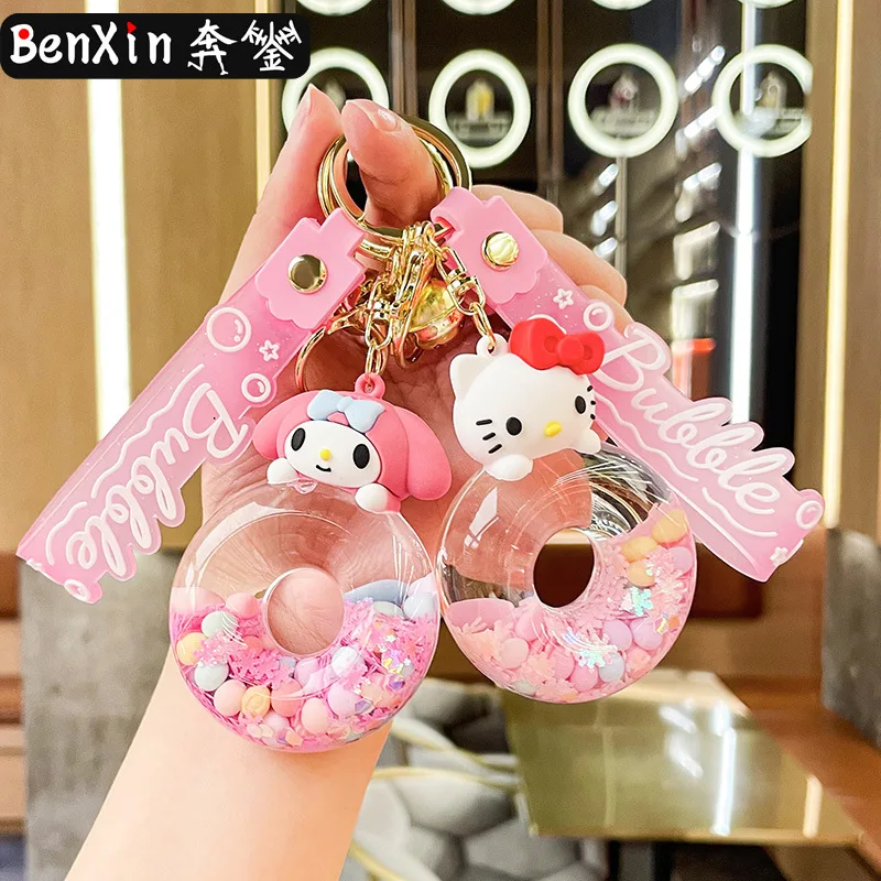 New cute Sanrio Donut Kuromi Cinnamoroll Hello Kitty keychain Acrylic Quicksand Bottle Cartoon Doll Bell Backpack Pendant Gift