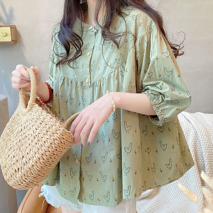 Fashion Loose Printed Button Folds Shirring Lantern Sleeve Shirt Female Clothing 2024 Summer New Casual Sweet Blouse