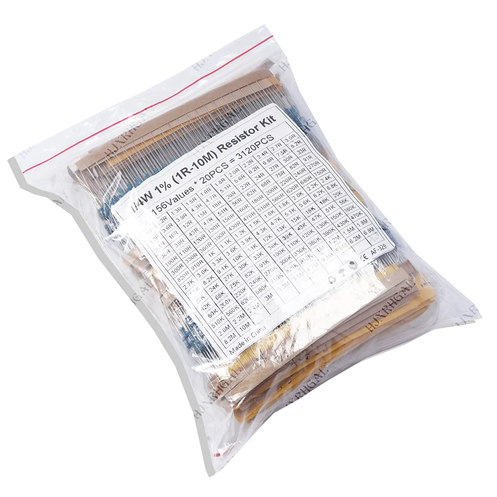 3120pcs 156Values Electric Unit 1/4W Power Metal Film Resistor Kit 1R-10M 1% Tolerance Assortment Set  1ohm-10Mohm samples pack