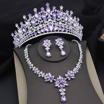 Fioletowe kryształowe tiary i naszyjniki kolczyki korona zestawy ślubne biżuteria księżniczka królowa suknia ślubna panny młodej akcesoria kostiumowe