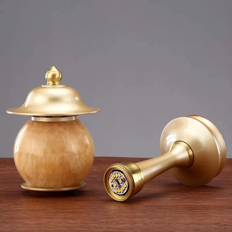 Copper Jade Buddha Altar Lantern Pair Plug In Brass Long Light Buddhist Shrine Decor 16 Inch Pearl Gold