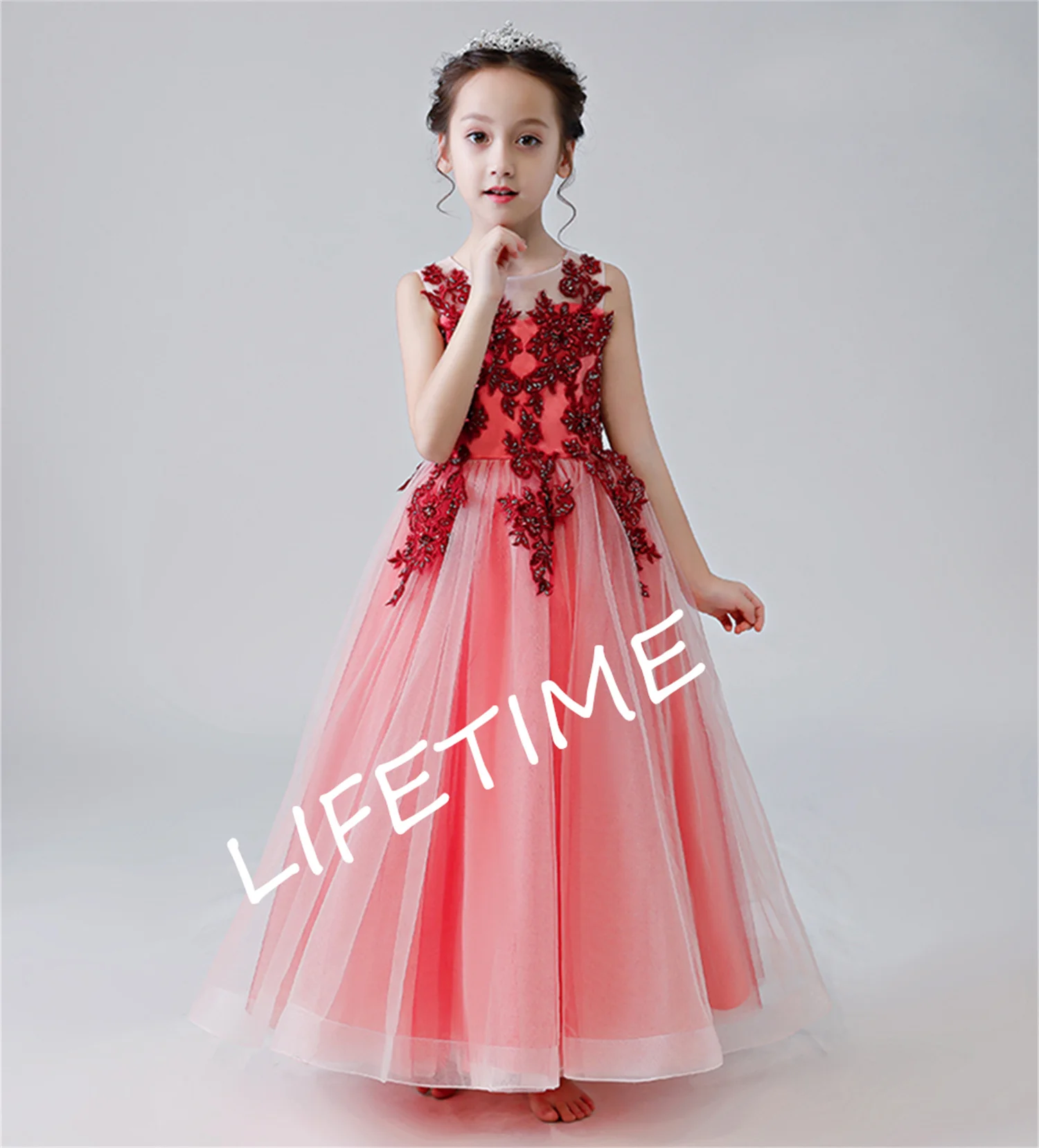 Vestidos sem mangas Red Tulle Lace Applique para meninas, florista, festa de aniversário infantil, vestidos de concurso, primeira comunhão, elegante