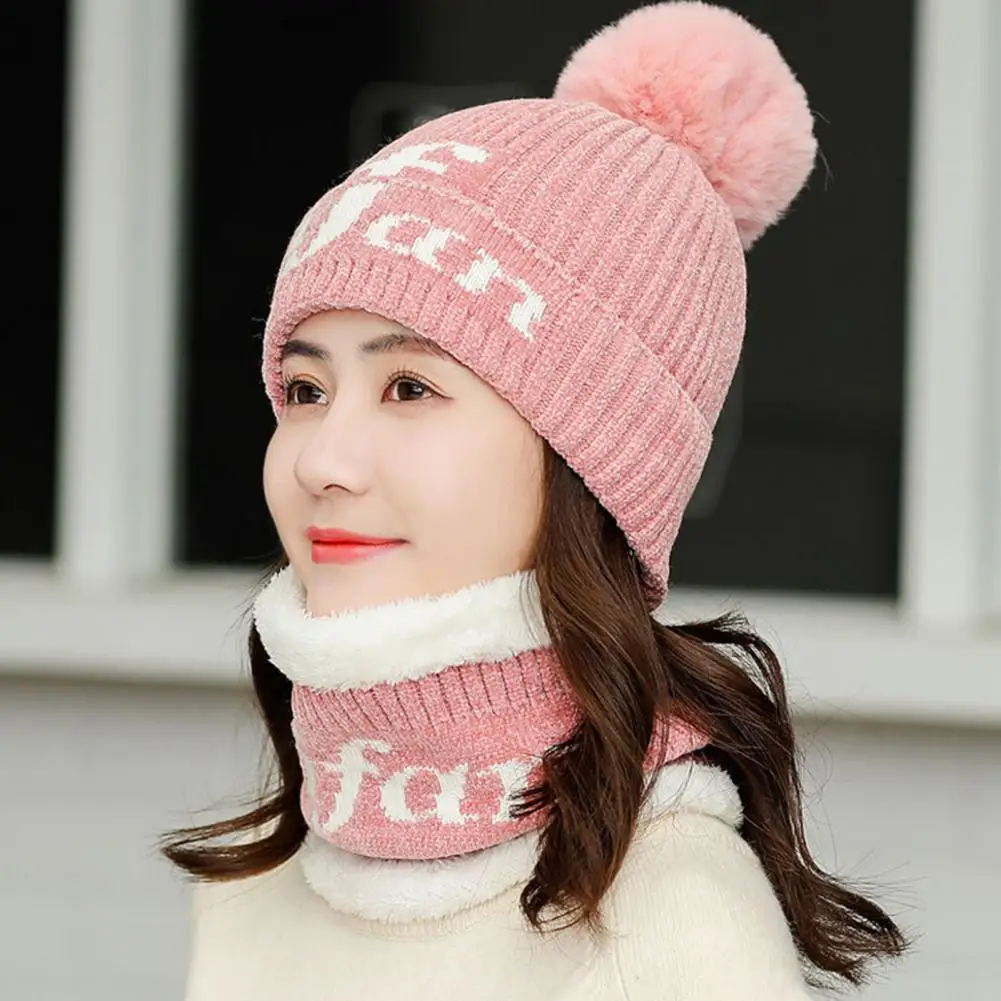 2Pcs/Set Winter Women Hat Scarf Letter Plush Lining Solid Color Beanies Hat Pompom Ear Knitting Cap For Outdoor