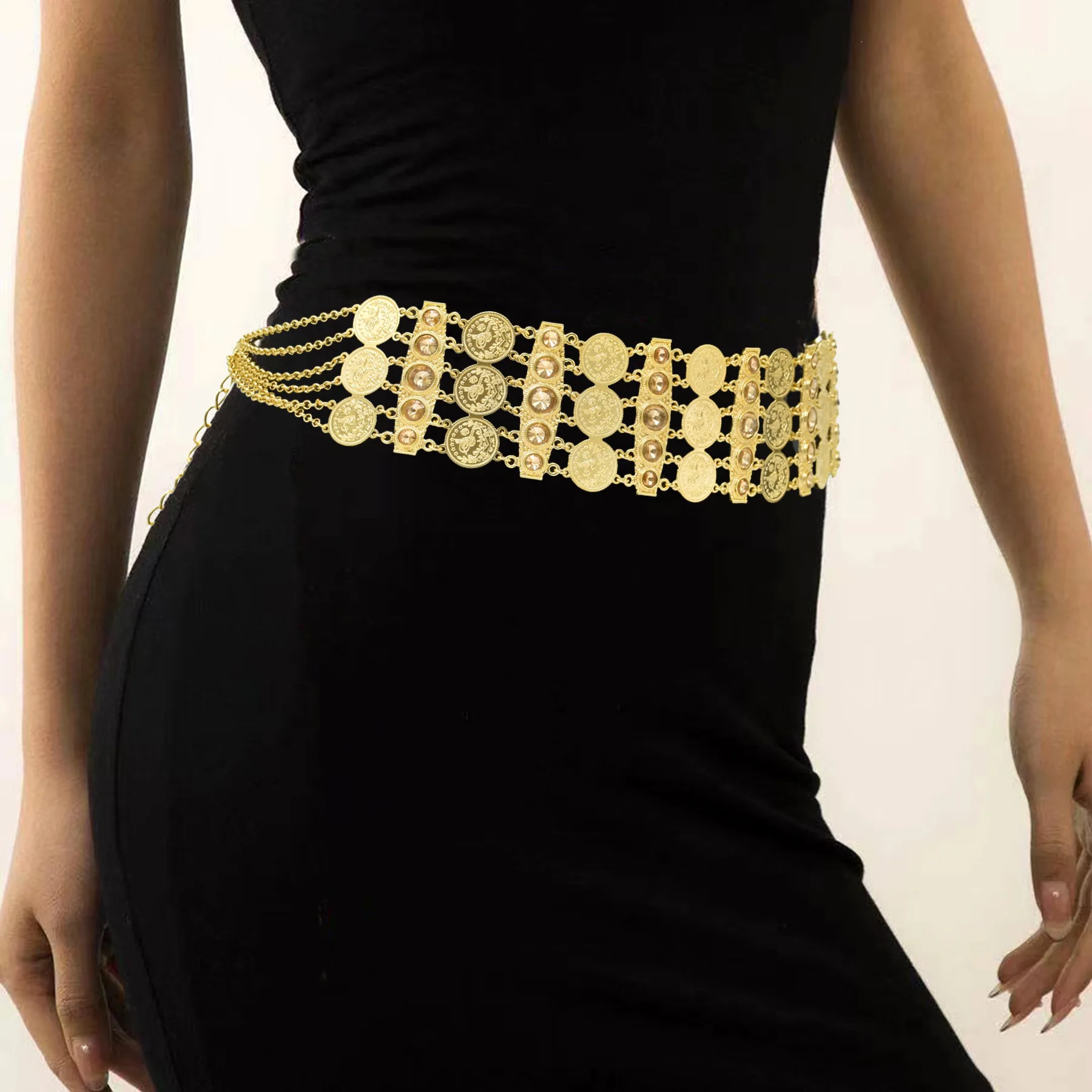 

Indian Gold Dance Dress Belt Waist Body Chains for Women Lady Pearls Coin Statement Belly Chains Geometric Body Jewelry Gift