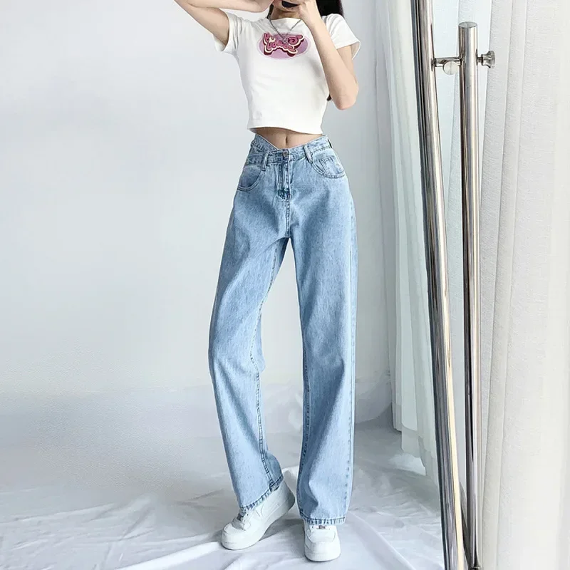 Jeans Wanita Silang Kaki Lebar Pinggang Tinggi Pop Musim Panas Diskon Besar Musim Ini Celana Pelangsing Panjang Lantai Lurus Longgar Kasual Fa