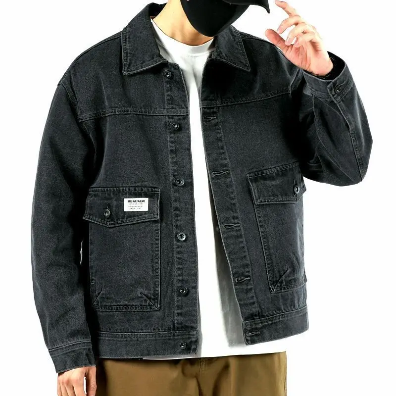 Autumn Winter Denim Jacket Men's Clothing Handsome Trendy Brand Korean Slim Fit Big Pocket Tooling Retro Versatile Jacket