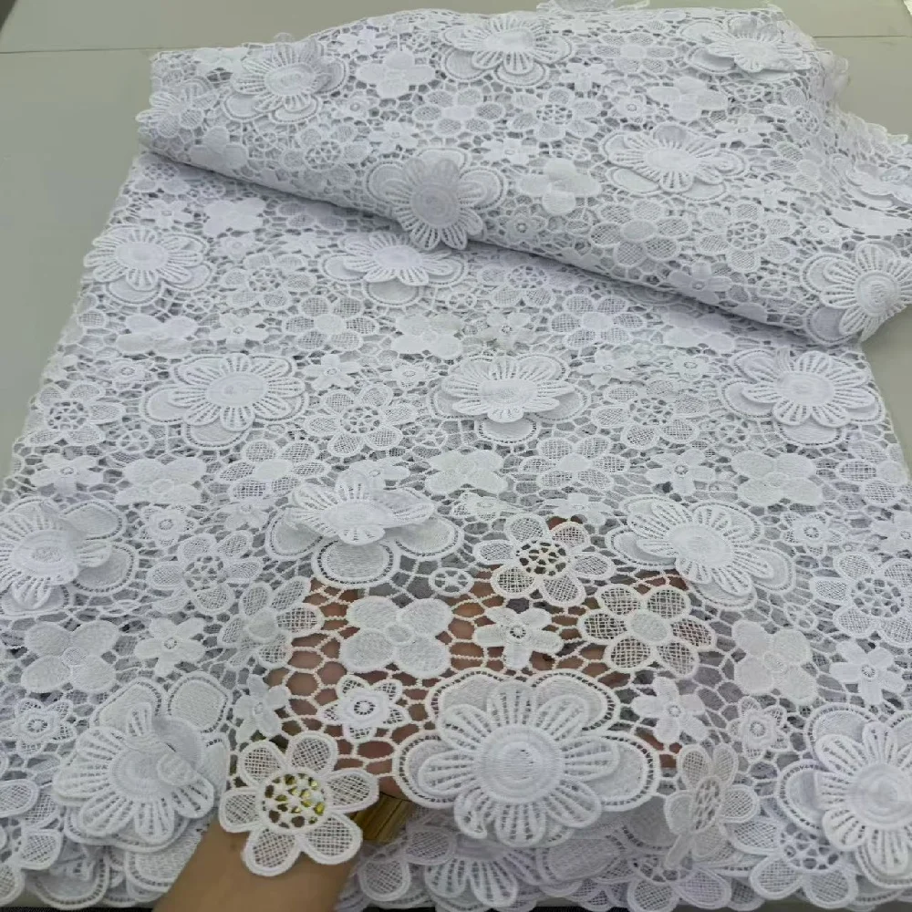 

WHITE Hot Selling French Lace 3d embroidery African guipure cord lace fabric High Quality Lace Fabric For Wedding Party
