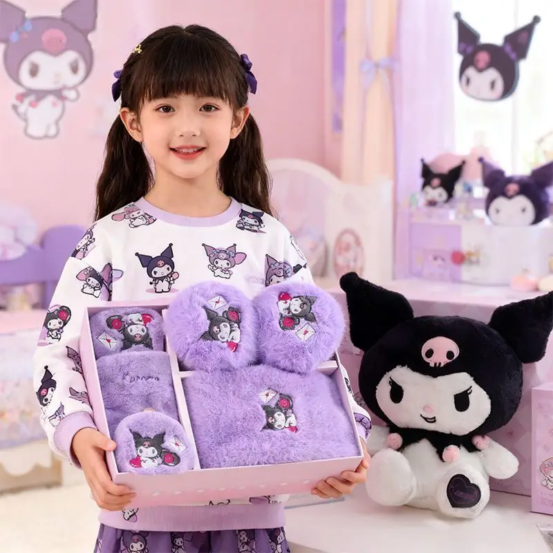 Sanrio Kuromi Cartoon süßes Mädchen Fleece warmer Halstuch kreative Kawaii Mädchen Herz verdickte kältebeständige Handschuhe und Ohrenwärmer