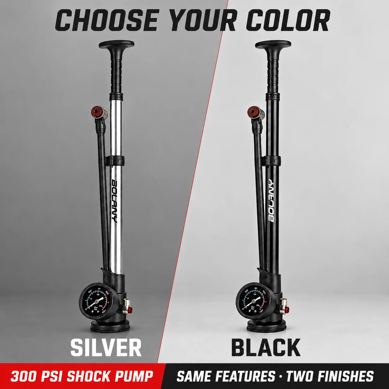 BOLANY 300PSI High Pressure Bike Suspension Pump Large Analog Gauge Air Bleed Button Flexible Hose for Fork Rear Shock Schrader