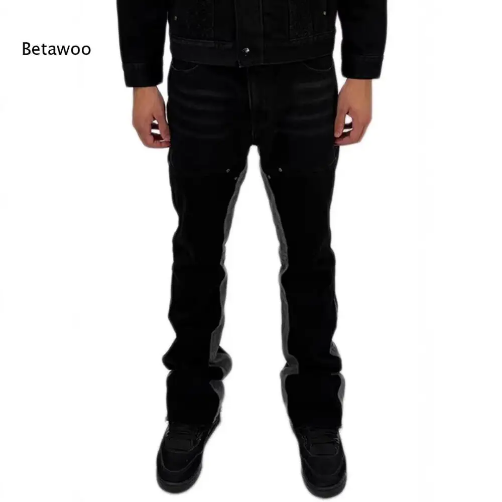 Men Black Washed Flare Denim Pants Double Knee Panel Design Button Zipper Closure Long Jeans For Street Casual Daily Outfits