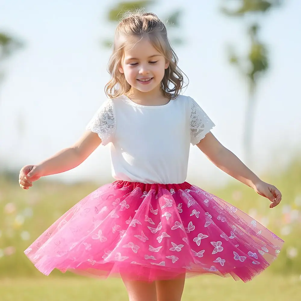 Toddler Butterfly Print Tulle Skirt Three-Layered Elastic Waist Tutu Skirt Bright Sequins A-Line Short Pettiskirt Princess Style