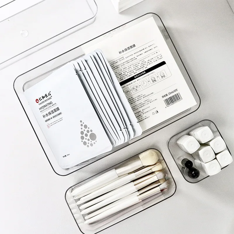 مجموعة منظمات أدراج مكتب مكونة من 4 قطع، منظم مكياج بلاستيكي لتخزين المكياج، صندوق تخزين شفاف للحمام المكتبي