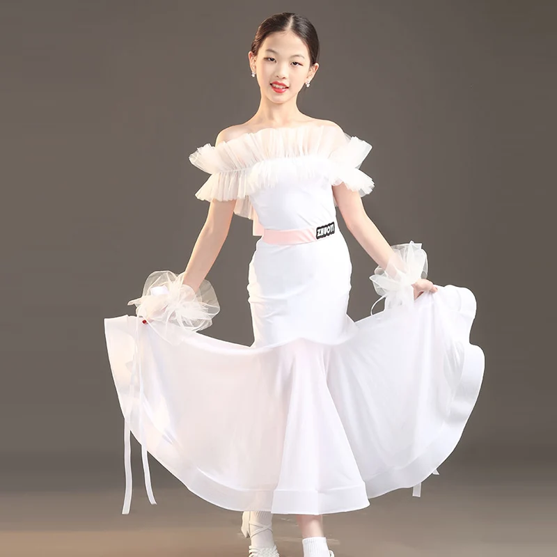 

Off-Shoulder Ballroom Tango Dancing Dress For Girls Bodysuit Skirt Standard Waltz Dance Competition Costume Two-Piece VDB7572