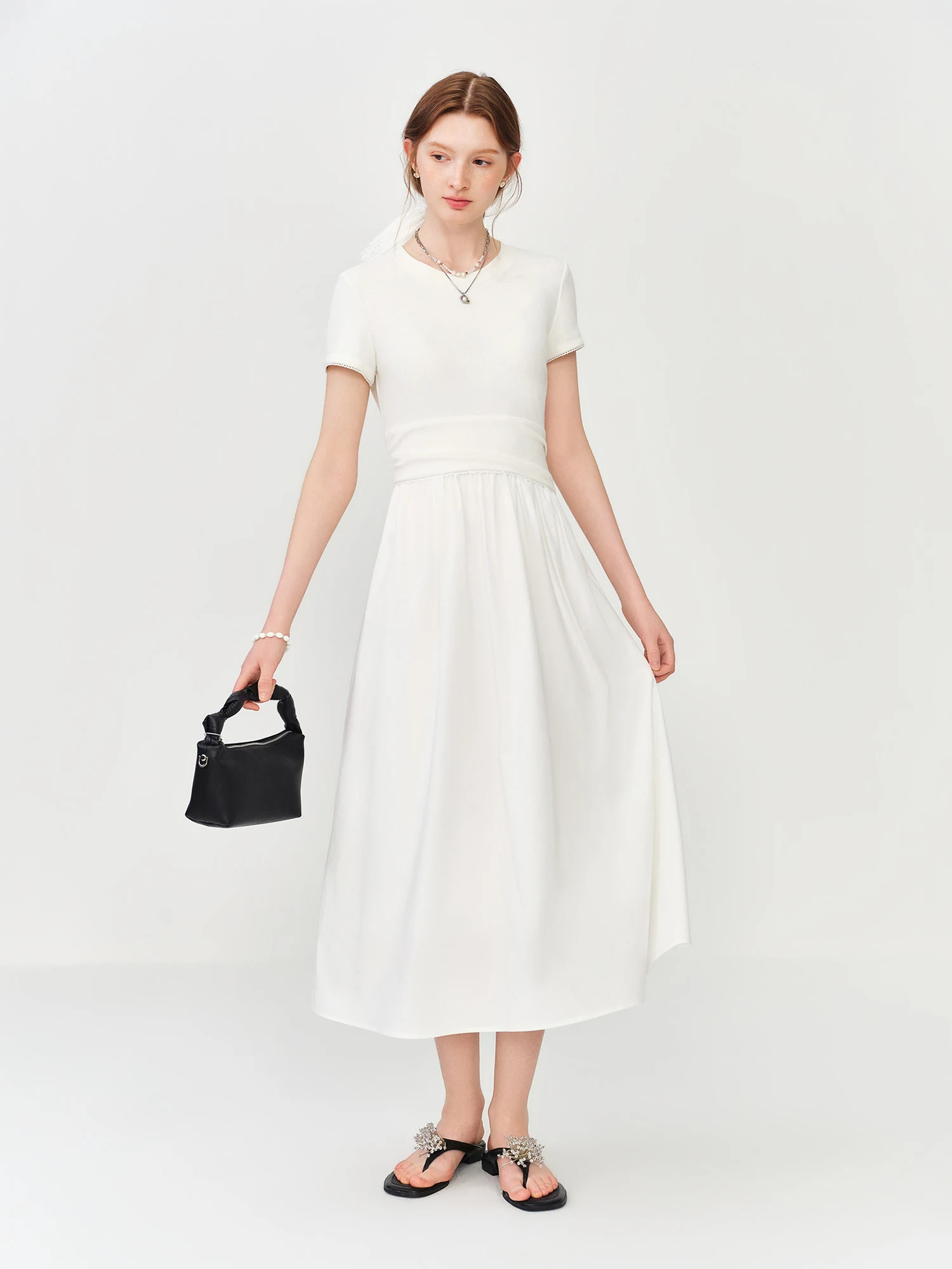 FSLE White Casual Fitted Waist Short-sleeved Knit Patchwork Dress for Women 2026 Summer New Style T-shirt Sundress Commuting Ins