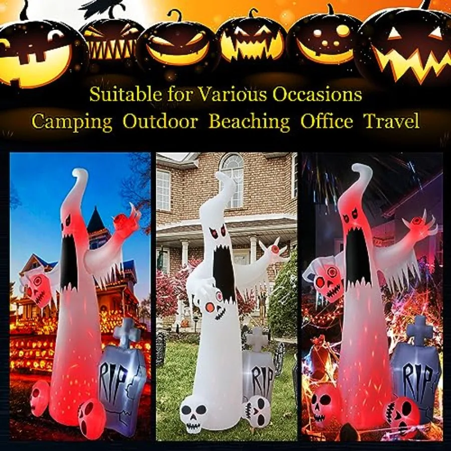 Halloween Outdoor Decorations: 12 Ft Inflatable Ghost With 3 Skulls, White Fabric, Built-In LED Lighting For Garden And Party view 6