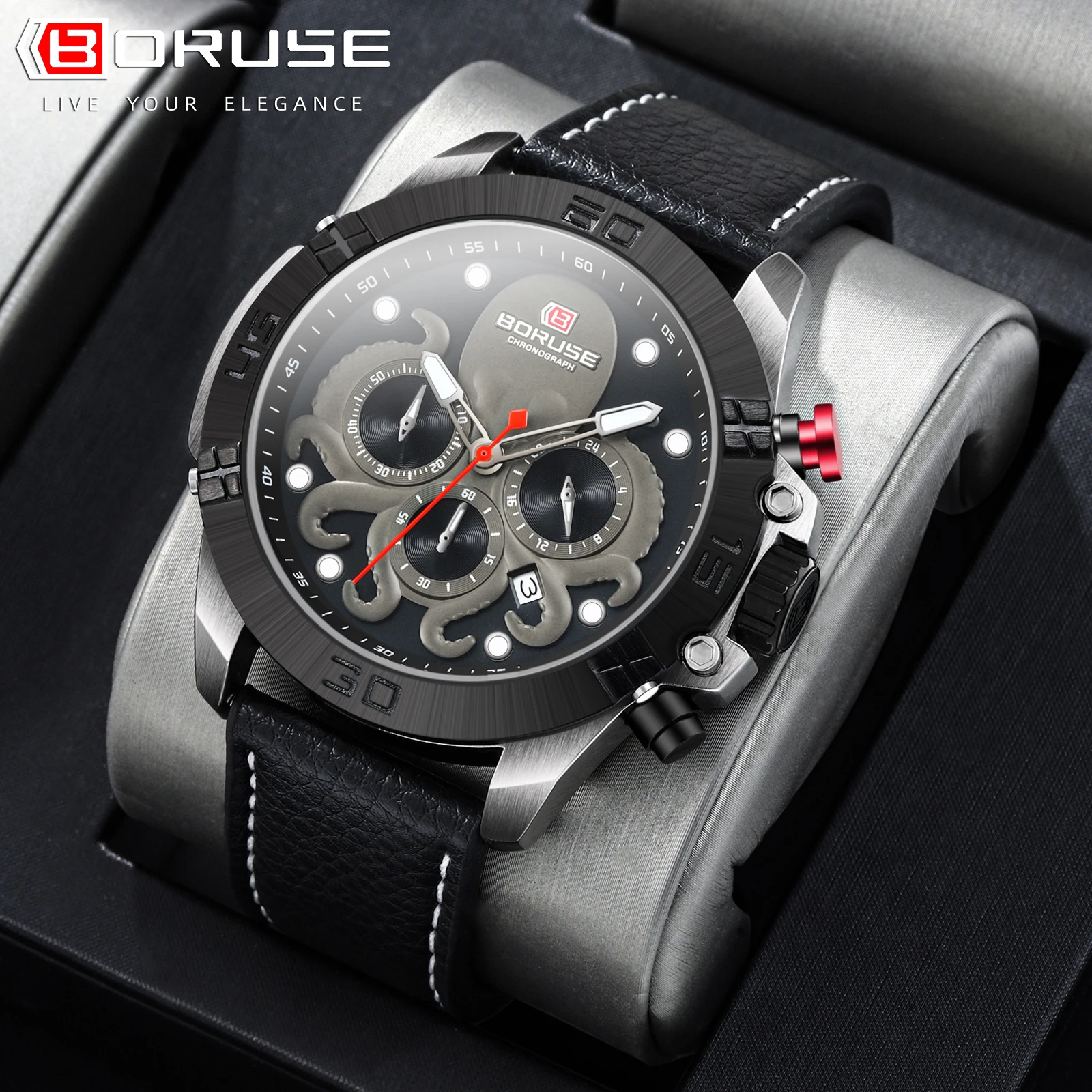 BORUSE Mens Fashion Octopuses Waterproof Quartz Watches Luxury Men Leather Watch Luminous Male Sports Clock Montre Homme