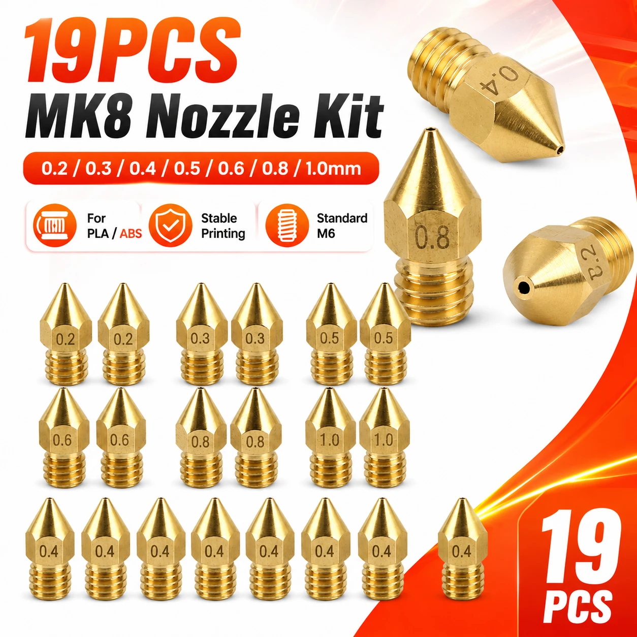19Pcs MK8 Nozzle Set 0.2-1.0mm, 3-D Printer Extruder Brass Nozzles M6 Thread for Ender 3, CR-10, Makerbot 3-D Printers