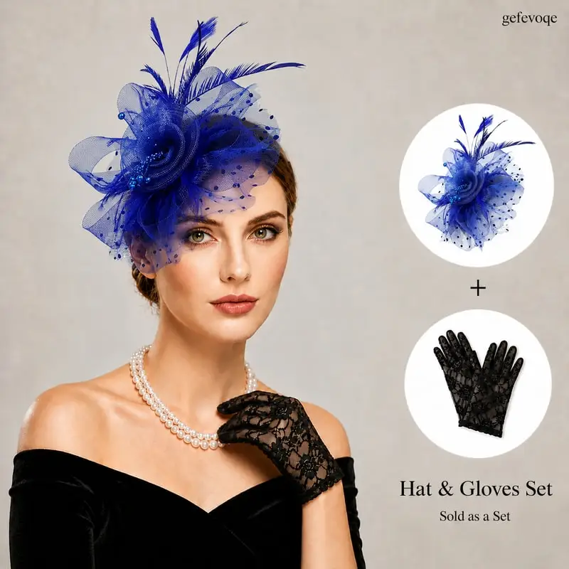 

2Pcs Womens Feather Mesh Fascinator Hat Lace Gloves Set for Tea Party Wedding