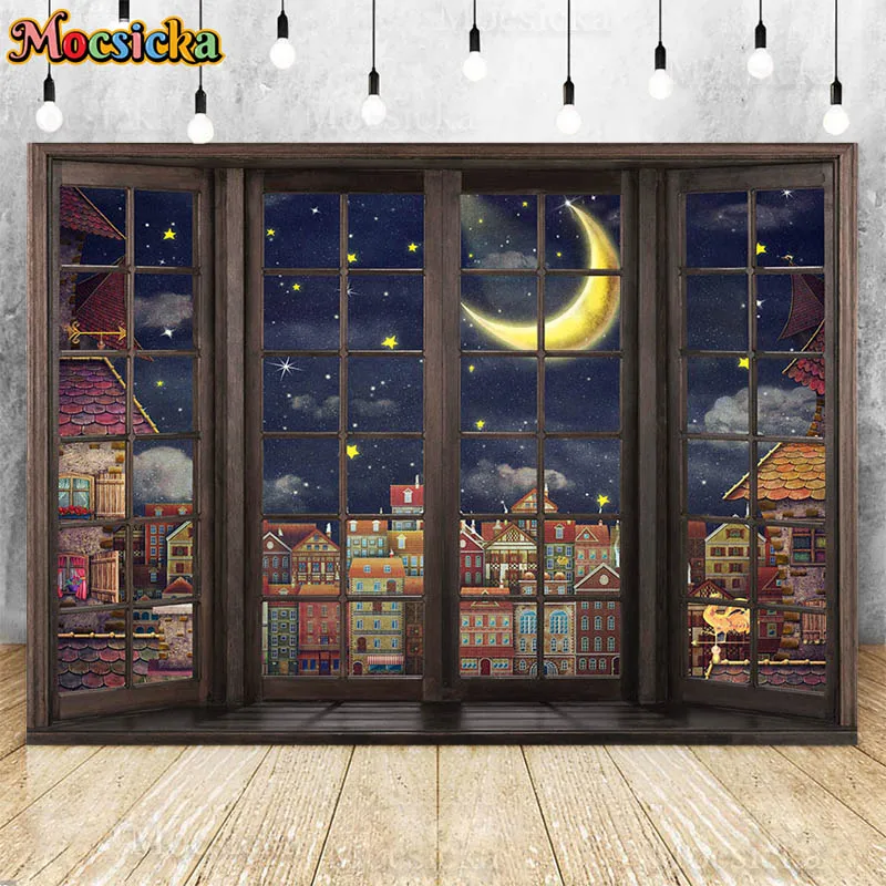 

Mocsicka Photography Backdrop Night Window Moon Stars Child Birthday Party Decor Kids Portrait Photo Background Studio Props