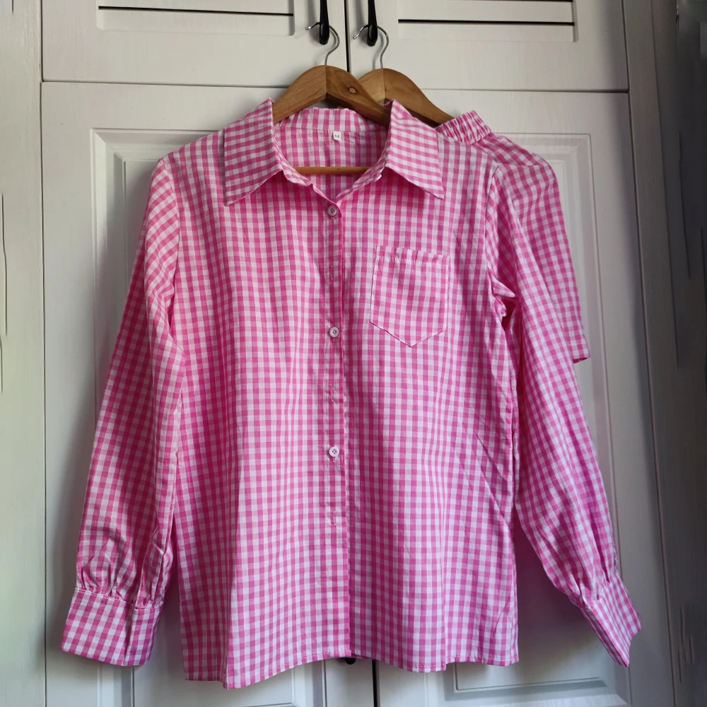 Women's Home Clothes Lounge Wear Pajamas Pink Plaid Long Sleeve Shirt Tops and High Waisted Mini Shorts Two Piece Set Tracksuit
