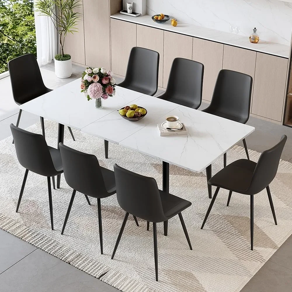 

Dining Table Set for 8, 59"-75" Extendable Dining Room Table Set with 8 Upholstered Chairs, White Kitchen Table Chairs Set