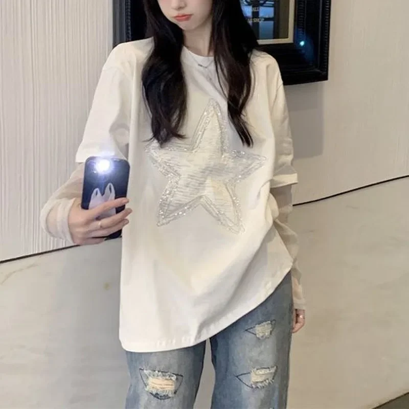 Minimalist 2024 Summer New Women\'s Crew Neck Stars Diamonds Casual Spliced Gauze Long Sleeve Fashion Loose Sweet T-shirt Tops