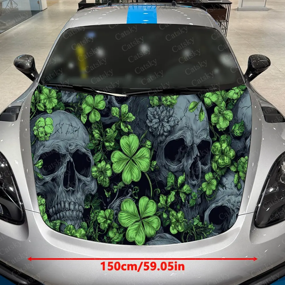 Car Decal Gothic Culture-Inspired Combination of Skulls and Green Clover Elements Car Hood Sticker, Waterproof Self - Adhesive P