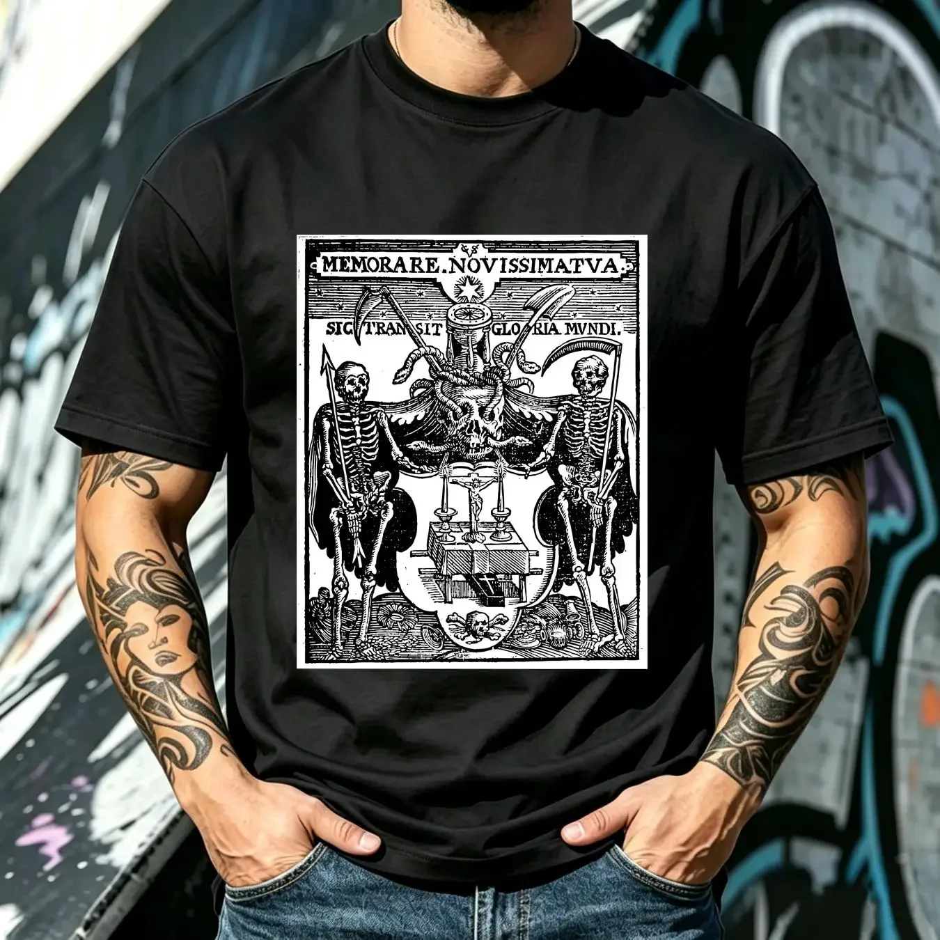 washed T Shirt Memento Mori Danse Macabre Dance of Death Occult skull Gothic Remember vintage Washed homme Unisex Casual