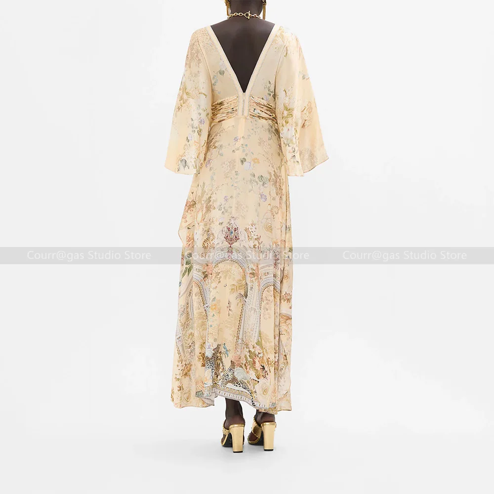 Australia niche noblewoman holiday style silk deep V-neck tie light yellow floral print fly fly sleeve waisted long skirt