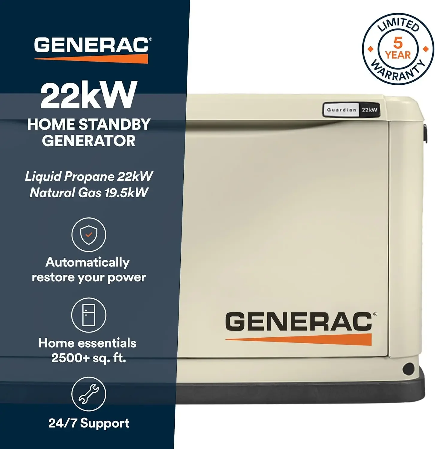 

Generac Guardian 22kW Standby Generator with Switch Whole House Backup Power WiFi Enabled for Emergencies Natural Gas or Propane