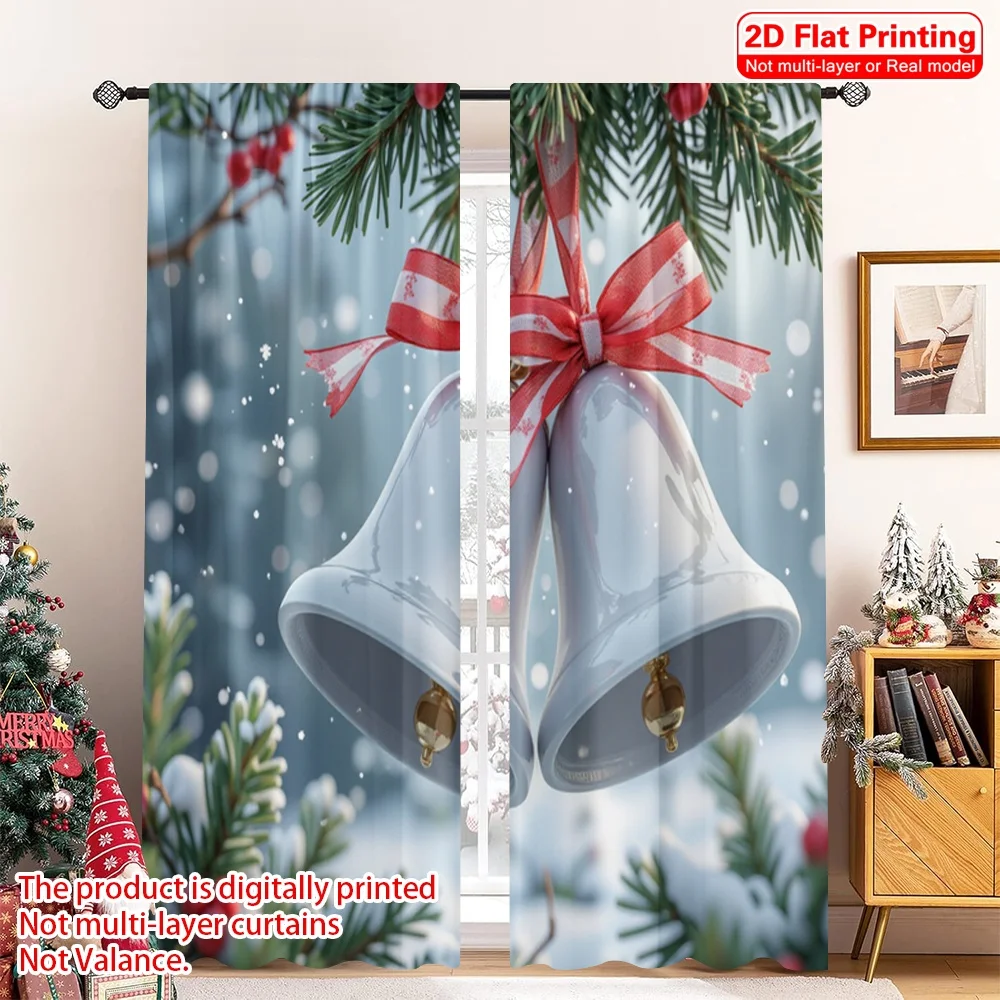 

2pcs 2D flat printing Christmas Curtains Christmas Bells Snowflakes Festive 100% Polyester Without Electricity Holiday