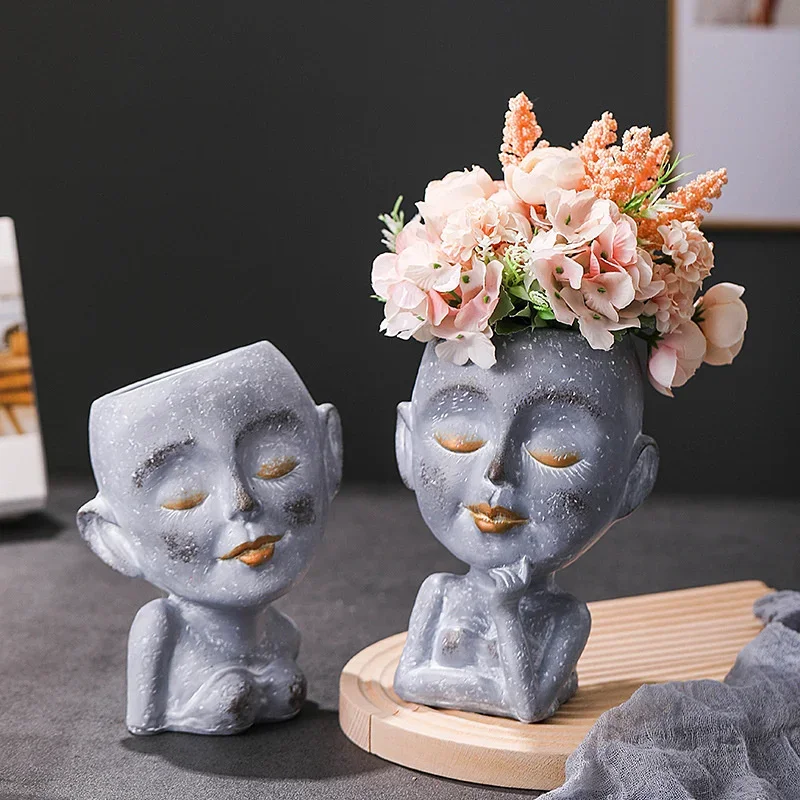 New Modern Nordic Style Portrait Vase Human Flower Vases Decorative Ornaments Resin Flowerpots Plant Pot Room Art