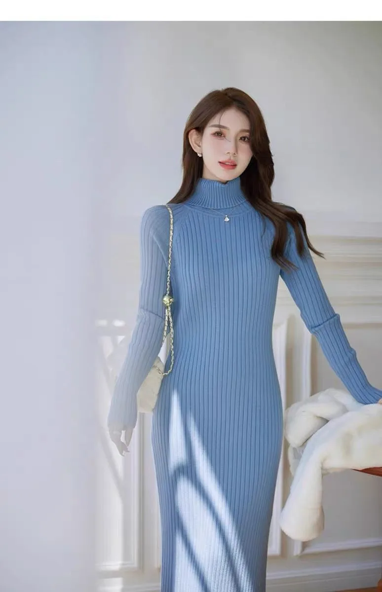 Autumn Winter White Sweater Dresses Fashion Female Black Long Sleeve Skinny Casual Blue Turtleneck Kintted Wrap Hip Dress Women