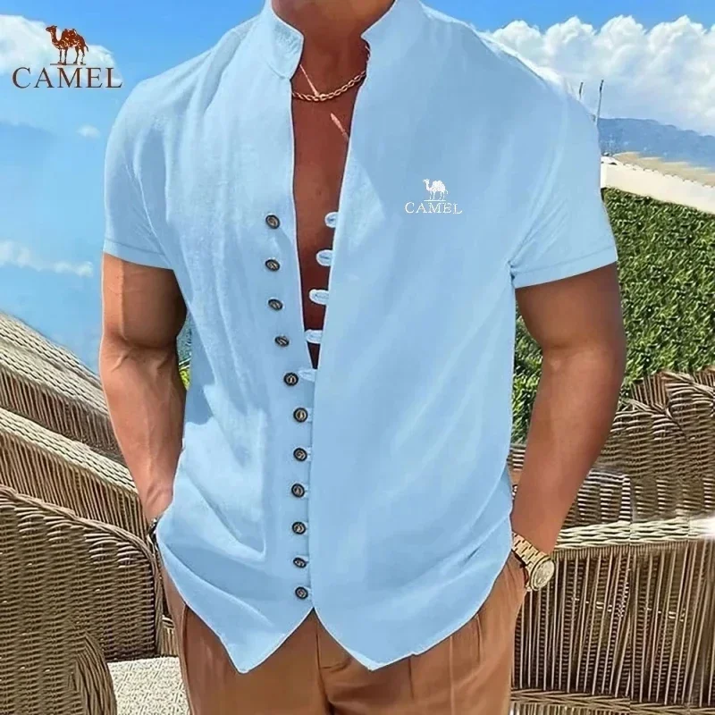 Chemise rétro camel brodée pour homme, chemise à manches courtes, chemise rétro, chemise chimfashion décontractée, t-shirt cool et respirant, haut d'été, nouveau, 100% coton