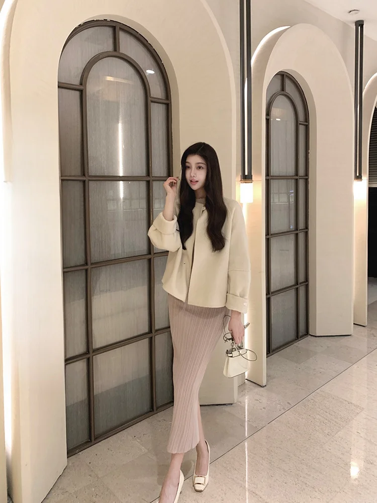 

White round Ne Double-Faced Woolen ort Jaet Women's Loose Fit Autumn Winter Faion Korean Sle Commute Coat