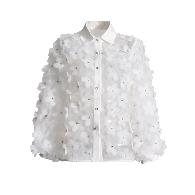 Women Drilling 3D Flowers Mesh Spliced Shirts Handmade 3D Floral Gauze Blouse Diamonds Beaded Long Sleeve Organza Cardigan Tops