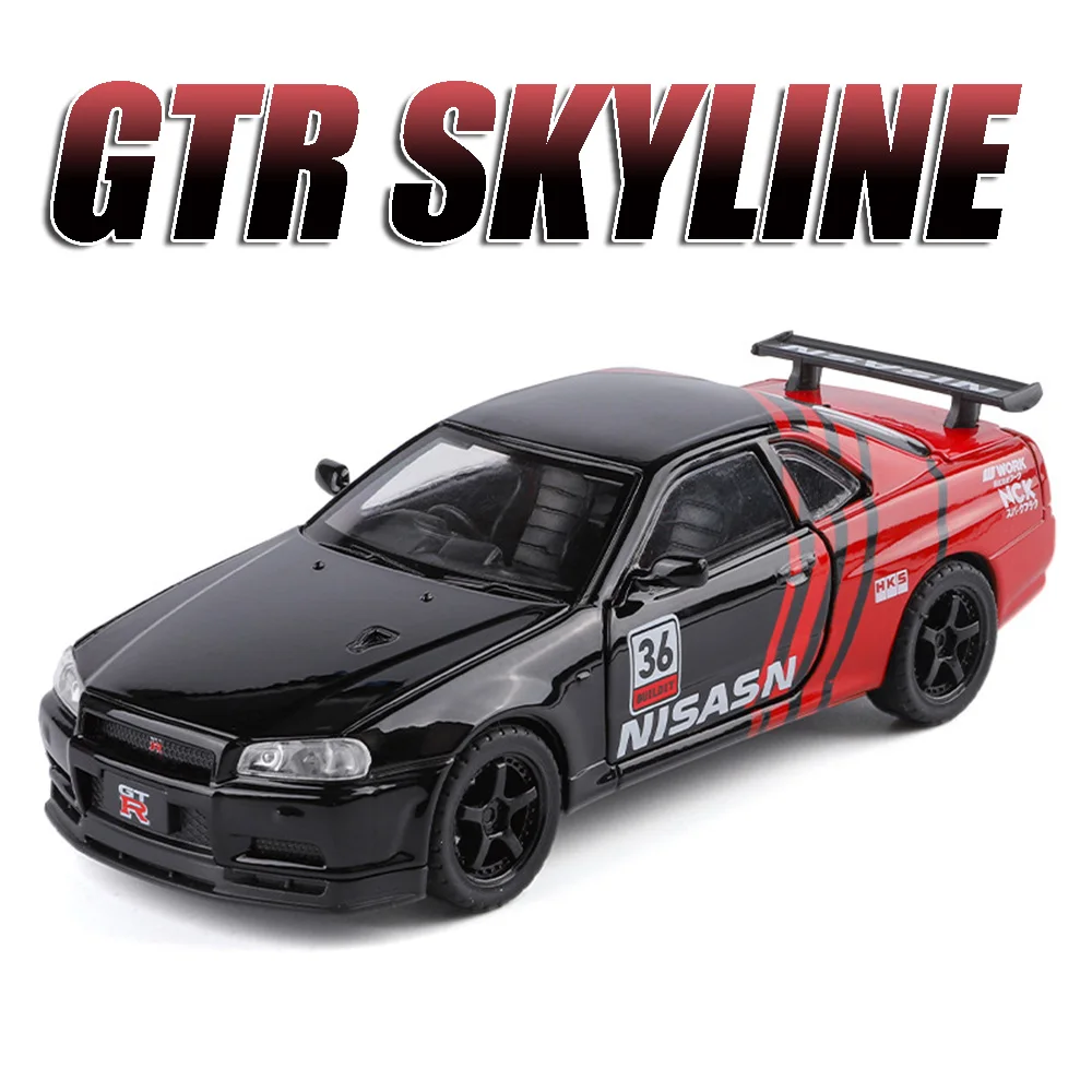 1:32 GTR R34 SKYLINE Model Toy Sports Cars Alloy Diecast Supercars Sound Light Doors Opened Pull Back for Boys Educational Toys
