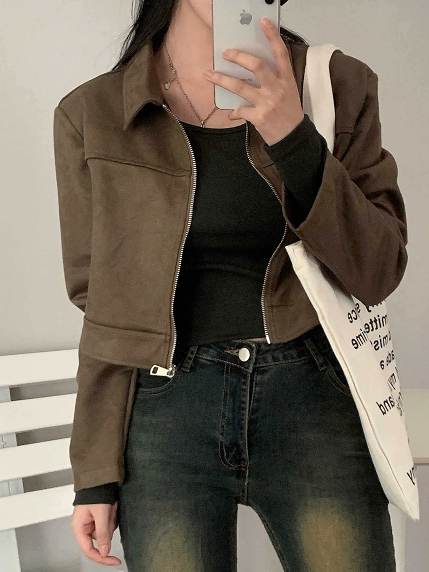 American Style Short Suede Jacket Women's Autumn Winter Flight Coat Flip Collar Compact Size High End Feeling Top