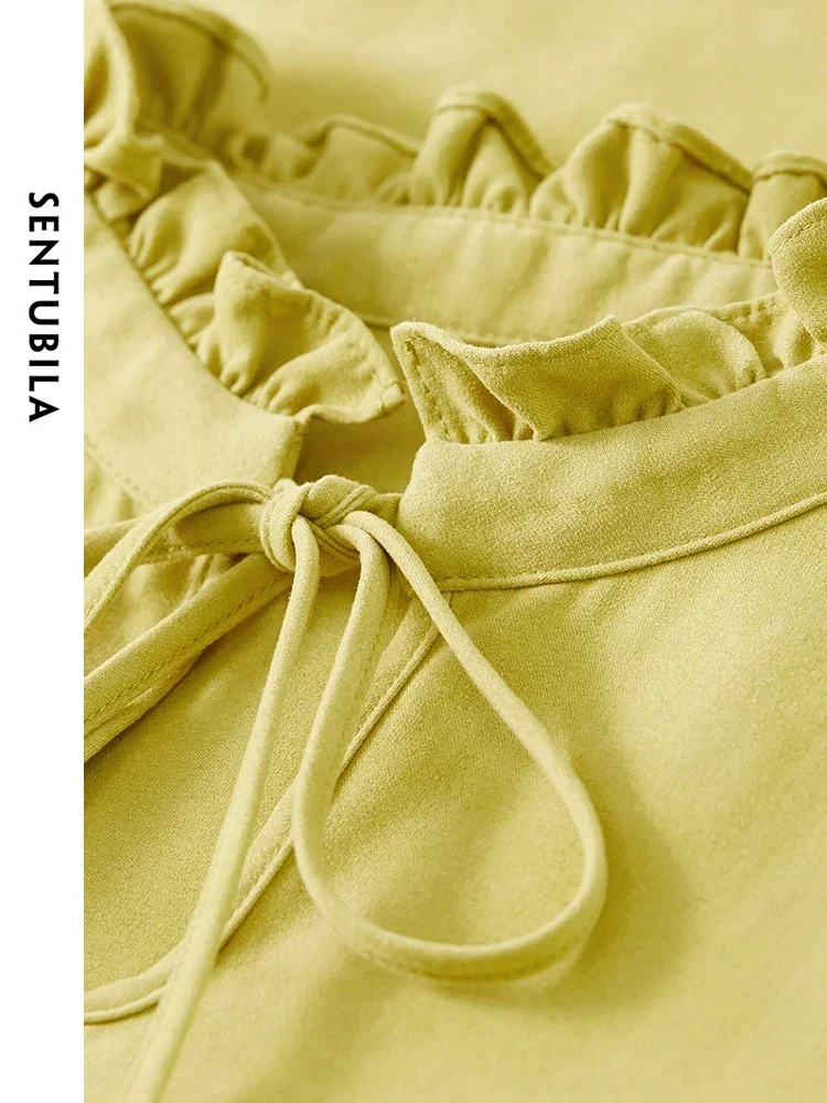 SENTUBILA Women's Elegant Blouses Tied Ruffled Collar 2025 Spring Commute Smocked Long Sleeve Top Casual Shirt Female 141C52685