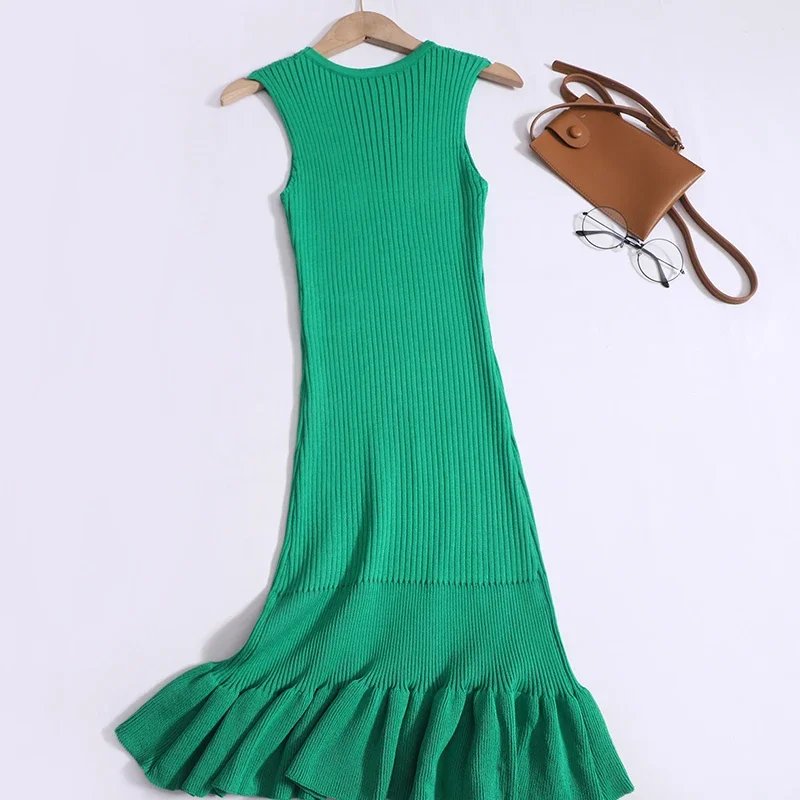 2024 nowa letnia koreański, dzianinowy szata Femme z okrągłym dekoltem bez rękawów z falbanami seksowna, dopasowana sukienka typu Bodycon elegancka Mini sukienka typu Vestidos