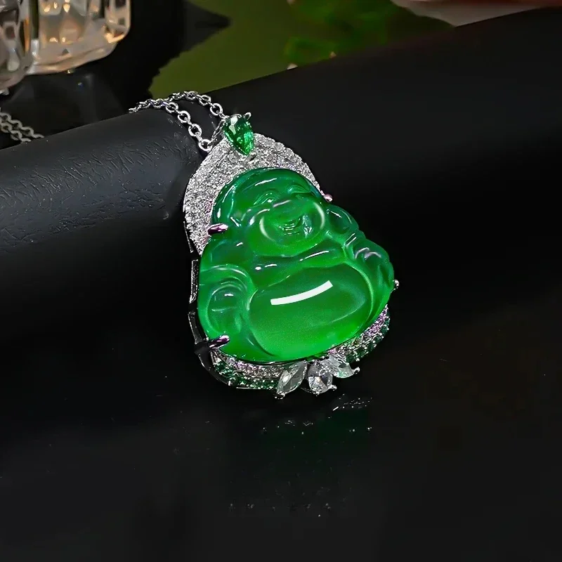 Chinese Style Green Chalcedony Buddha Statue 925 Silver Pendant for Women, Inlaid with High Carbon Diamond Accessories for Women