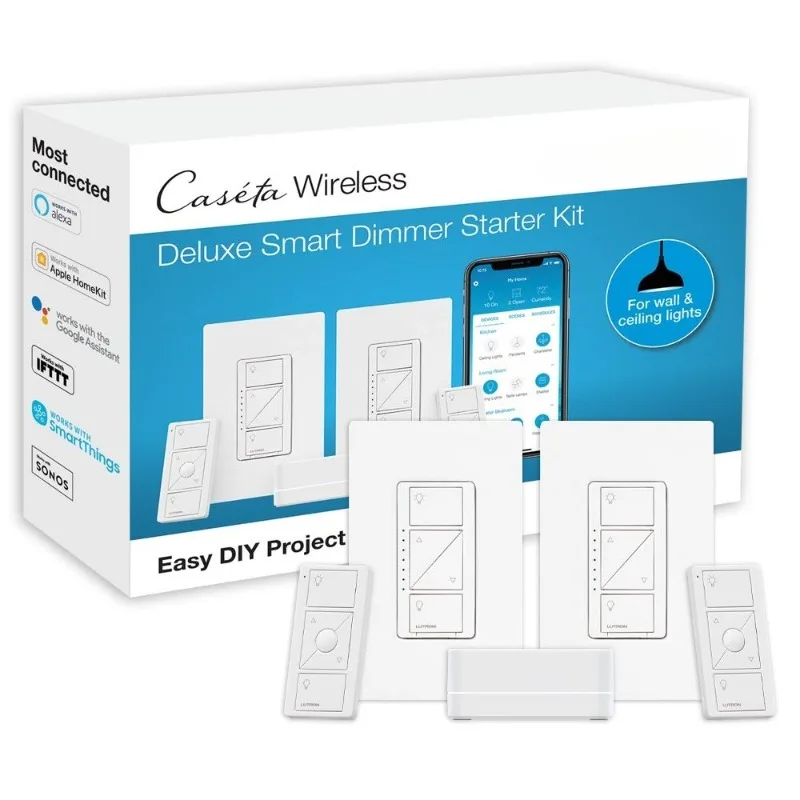 home.Caseta Smart Lighting Kit w/ Hub, 2 Original Dimmer Switches, Google Home, 150W Single-Pole/3-Way, P-BDG-PKG2W-A