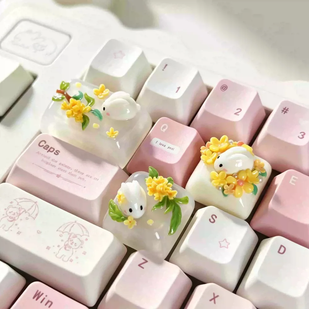 Osmanthus Rabbit Key Caps Resin Handmade Keyboard Caps Custom 1U Tab Artisan Keycaps for Mechanical Keyboard Accessories Gifts