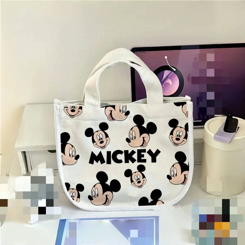 Disney-Bolsa quadrada pequena para estudantes, bolsa portátil para almoço e almoço, desenho animado criativo, bonito coração feminino impresso, mickey, funcionário de escritório