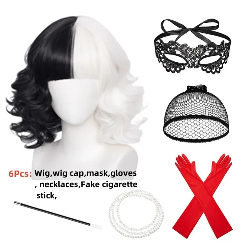 Anime Cruella De Vil Peruka Kręcona Pół Czarna Pół Biała Peruka Cosplay Kobiety Dziewczyny Krótkie Włosy Śliczne Halloween Party Peruki