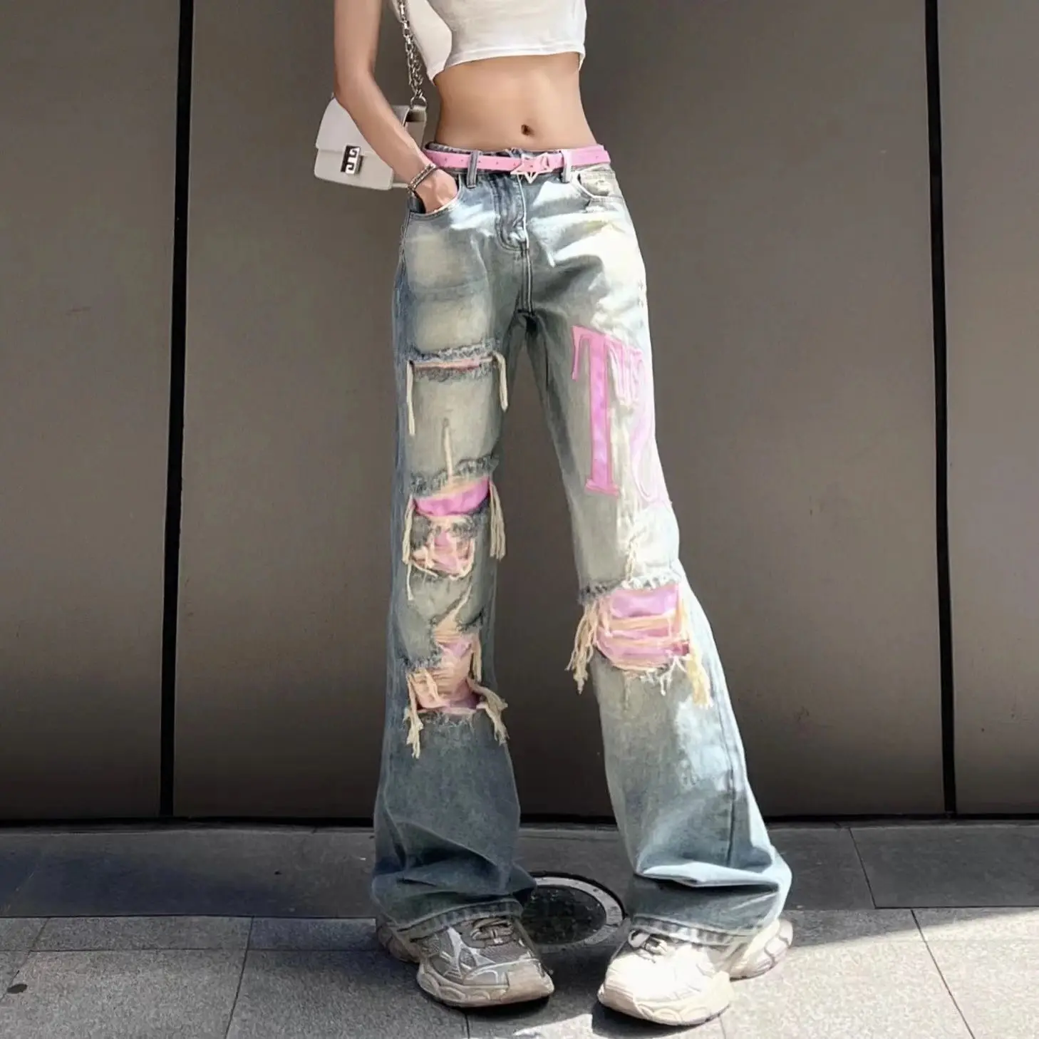 

Ripped Jeans Pink Join Together High Waist Women Vintage Blue Denim Trousers Korean Y2k Streetwear Female Punk Wide Leg Pants