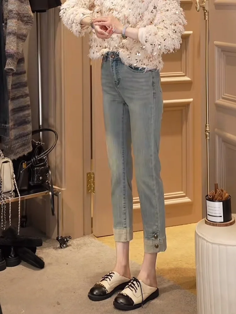 

Женские брюки с высокой талией и прямыми штанинами, универсальные, укороченные, в стиле ретро, для ранней весны, в гонконгском стиле, с эффектом похудения