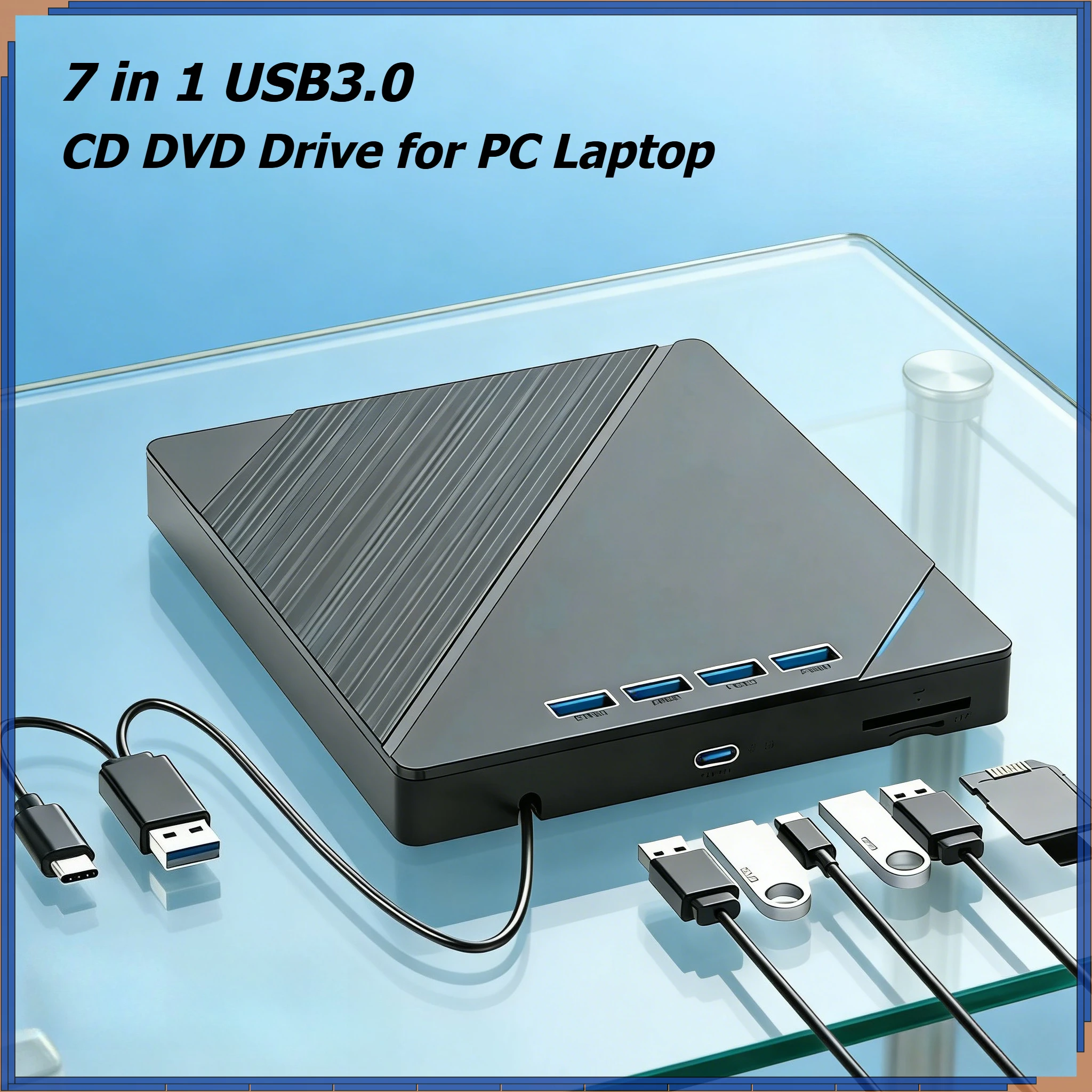 

Внешний CD-привод USB 3.0 Type-C 7 в 1, тонкий портативный CD-RW привод USB 3.0, DVD-ROM, устройство для записи и чтения дисков для ноутбуков и настольных ПК