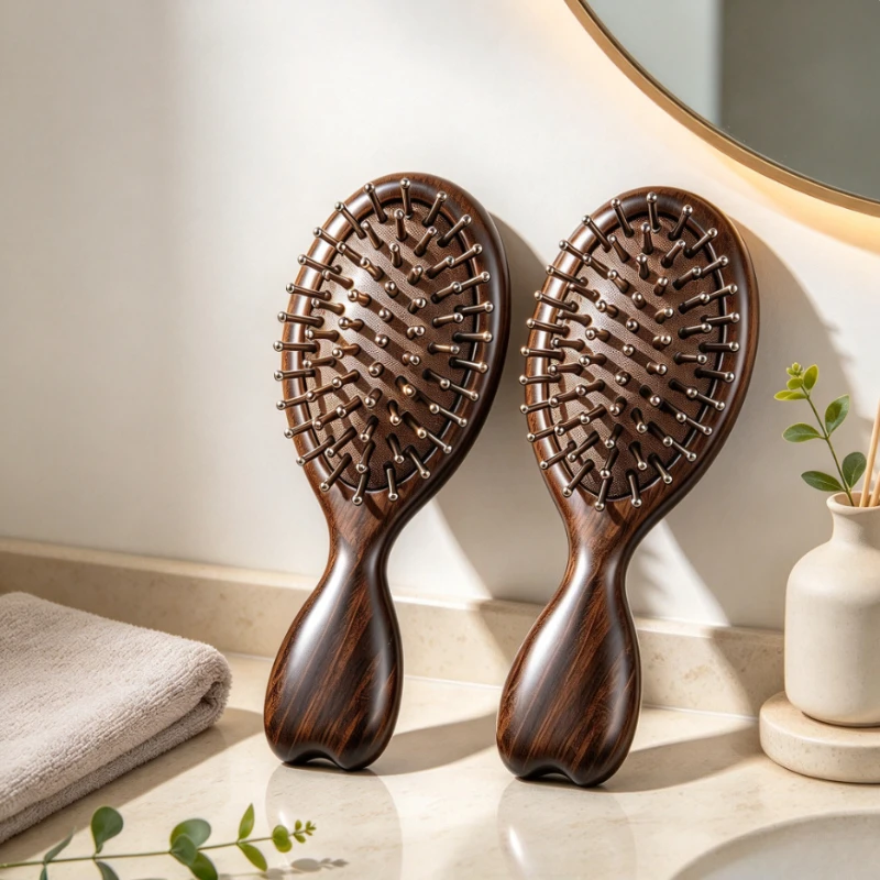 Ebony Wood and Horn Air Cushion Hair Brush for Men, Portable Scalp Massage Comb with Air Vent, Smooth Detangling and Gentle Feel