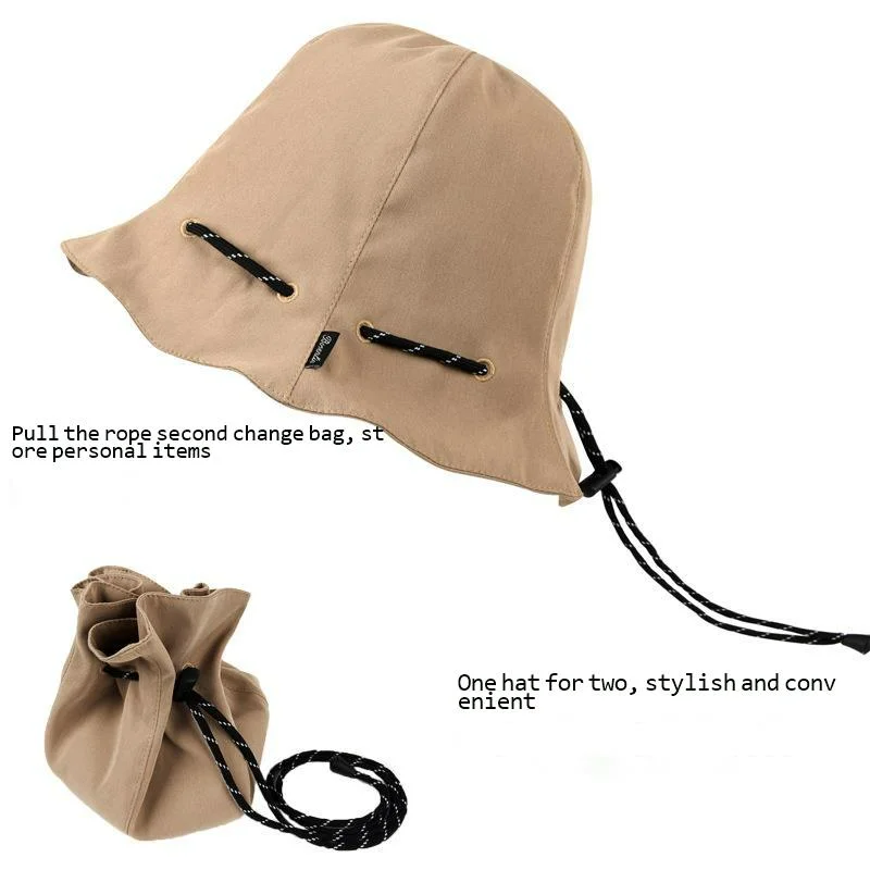 

Sunscreen fisherman hat with solid color drawstring design, basin hat, straight tube, foldable, crossbody bag, sunshade hat